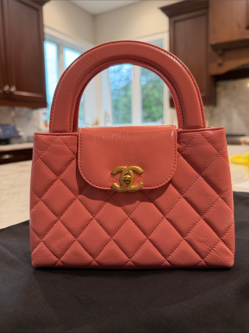 CHANEL Coral Quilted Top-Handle Mini Bag with Gold CC
